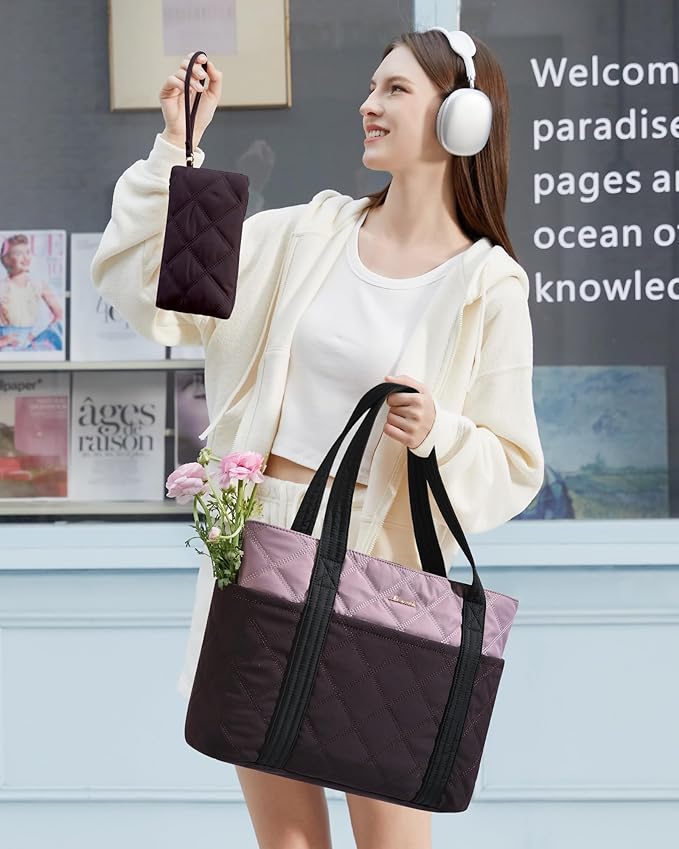 LOVEVOOK Puffer Tote Bag for Women, Puffy Work Handbag with Cup Holder, Travel Carry On Bag with Zipper for Teacher Nurse Gym - Image 2