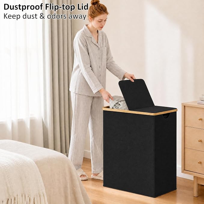 efluky Laundry Hamper with Lid, Double Laundry Basket with 2 Removable Bags, 2 Section Laundry Bin with Bamboo Handles for Bathroom, Bedroom & Laundry Room, 170L (44.9 Gallon) Black - Image 4