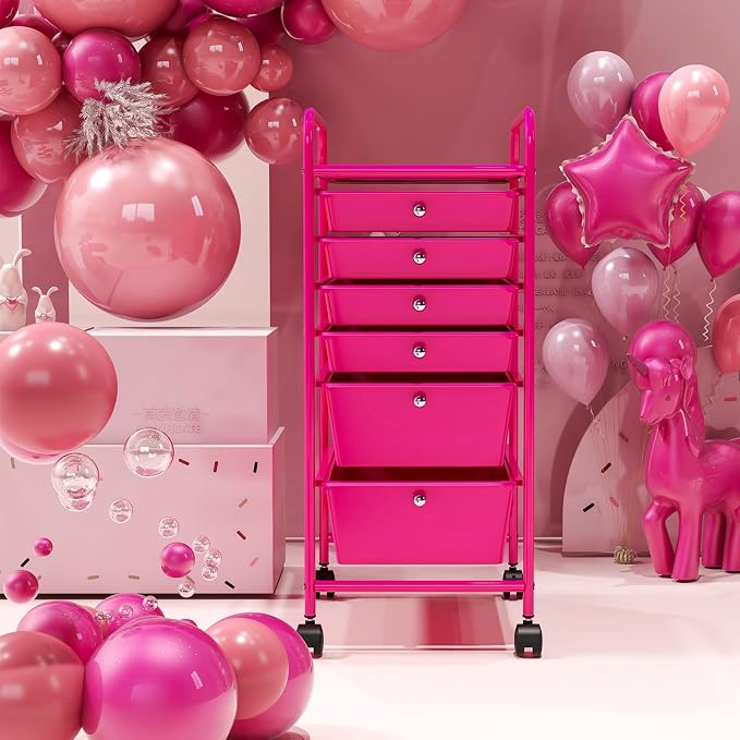 GOFLAME 6-Drawer Rolling Storage Cart, Multifunctional Art Craft Organizer, Mobile Utility Storage with Removable Drawers & Lockable Wheels, Craft Cart for Home Office, Hot Pink - Image 2