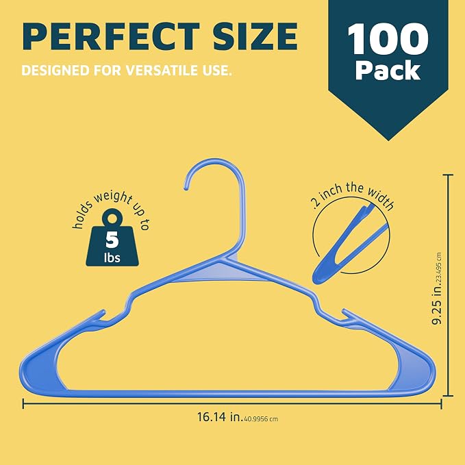 Lifemaster Plastic Clothes Hangers – Heavy Duty Hanger Set, for Organizing Clothes, Dresses, and Coat, Holds Up to 5 lbs, Space-Saving Hangers with Non-Slip Shoulder Grooves, Pack of 100, Blue - Image 2