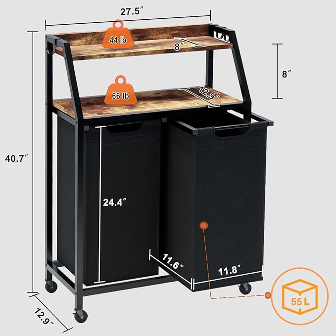 Laundry Hamper, Laundry Sorter 2 Section, Rolling Laundry Basket with Wheels, 2 Shelves, 2 × 14.5 Gal, Pull-Out and Removable Oxford Fabric Bags, for Laundry Room, Black and Rustic Brown - Image 6