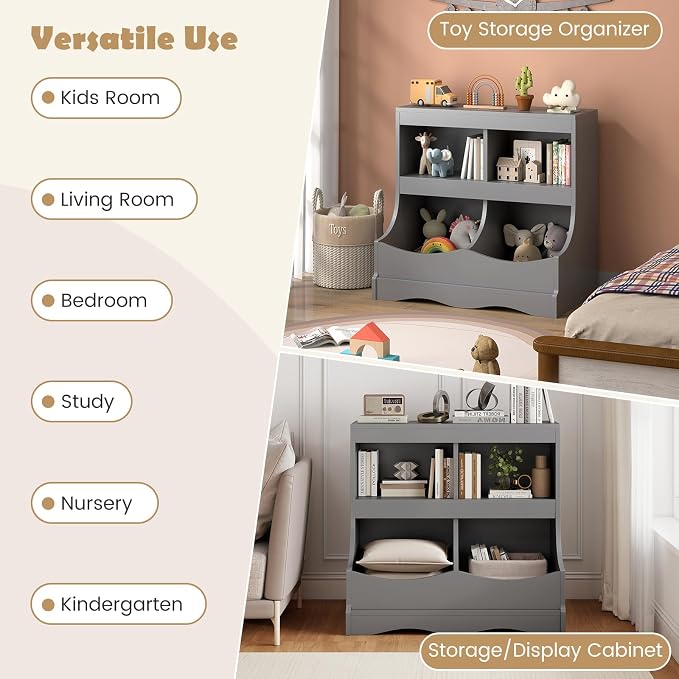 HONEY JOY Kids Toy Storage Organizer, 4-Cubby Wooden Bookcase Cabinet, 2-Tier Open Daycare Shelf for Preschool, Kids Display Bookshelf for Bedroom, Playroom, Classroom & Nursery (Gray) - Image 7