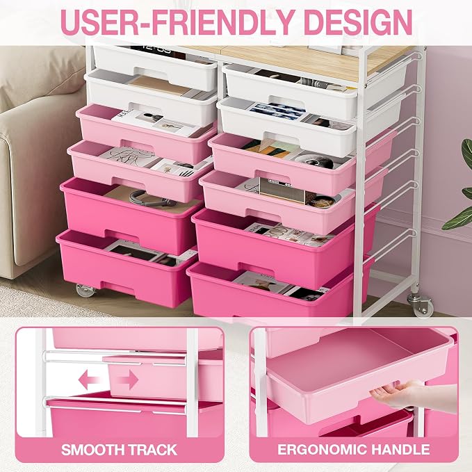 TOOLF 12 Drawers Rolling Storage Cart with Wooden Top for Classroom,Pink | Teacher Cart Craft Art Supply Organizer, Utility Cart with Lockable Wheels for Home Household Essentials, Office Organization - Image 5