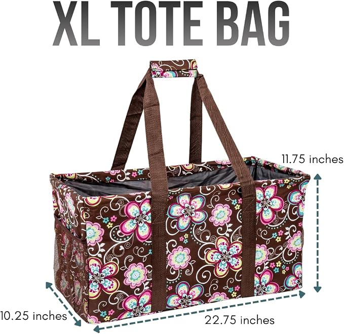 Extra Large Utility Tote Bag - Oversized Collapsible Reusable Wire Frame Rectangular Canvas Basket With Two Exterior Pockets For Beach, Pool, Laundry, Car Trunk, Storage - Brown Daisy - Image 4