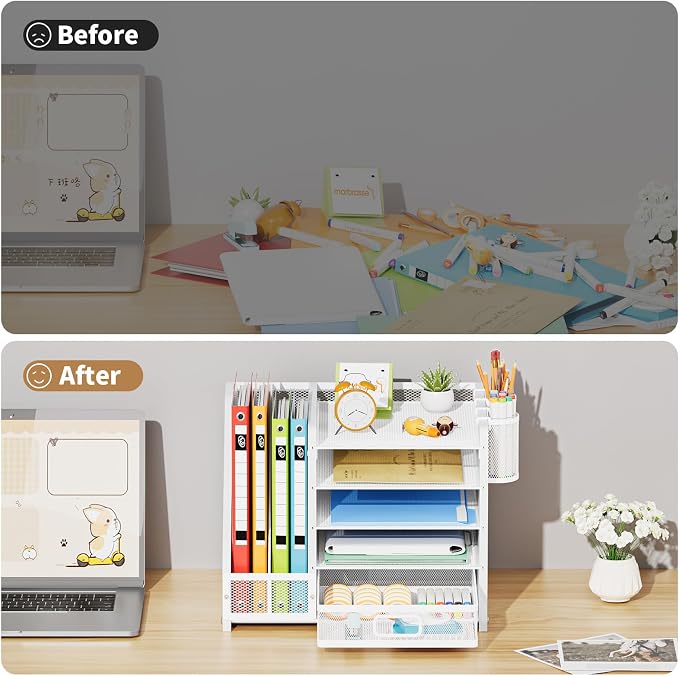 Marbrasse Desk Organizer with File Holder, 5-Tier Paper Letter Tray Organizer with Drawer and 2 Pen Holder, Mesh Desktop Organizer and Storage with Magazine Holder for Office Supplies (Wood-White) - Image 7
