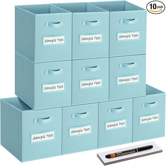 11x11 storage cube bins (Set of 10) Foldable Fabric storage cubes with 10 Labels Window Cards & a Pen,11 inch cube storage bin,Closet Organizers for Shelves,Cubby Organizer Boxes,Blue by Artsdi