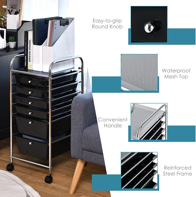 Giantex Rolling Storage Cart with 6 Drawers, Multipurpose Mobile Organizer Cart for Tools Scrapbook Paper Home Office School (Black) - Image 6