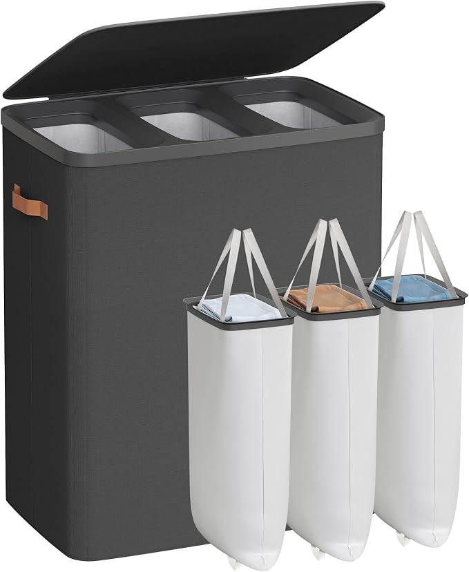 SONGMICS Laundry Basket, 50.2 Gal. Laundry Hamper, 3 Compartments, Easy Assembly, with Lid and Handles, Removable Liners, 25.2 x 15.7 x 29.5 Inches, Ink Black ULCB814BH01 by Unknown