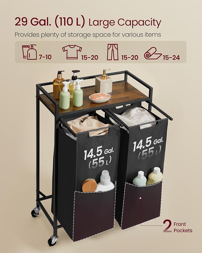 VASAGLE Laundry Sorter, 29 Gal. (110 L) Laundry Hamper Basket with 2 Compartments, Rolling Cart with Wheels, Shelf, Removable Bags, Pockets, Ink Black and Rustic Brown UBLH021B01 - Image 3