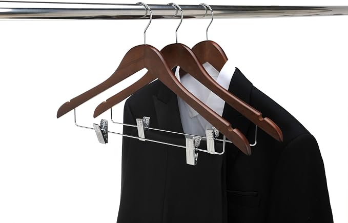 Quality Wooden Skirt Hangers with Clips Smooth Solid Wood Pants Hangers with Durable Adjustable Metal Clips, Swivel Hook, Coat, Jacket, Blouse Suit Hangers (Walnut - Chrome Hook, 20) - Image 5