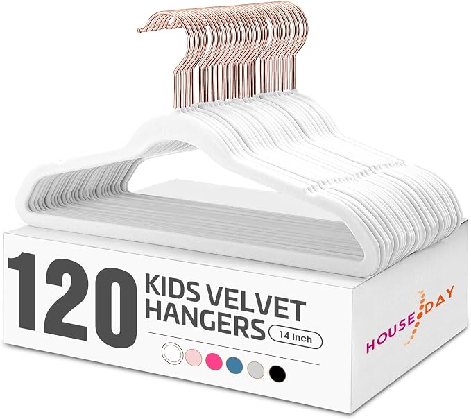 HOUSE DAY Velvet Kids Hangers 120 Pack, Premium Children Hangers for Closet | White Ultra Thin Cute Kids Clothes Hanger, Small Non Slip Felt Hanger 14 Inch for Toddler Clothes +360° Swivel Rose Gold Hook by HOUSEDAY
