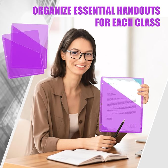 Seajan 100 Pcs Binder Pocket Folders, Clear 3 Ring Binder, Purple | Plastic Folders Sleeves with 2 Pockets, Poly Slash File Jackets, 3 Hole Punched Dividers for School, Office, Documents - Image 5