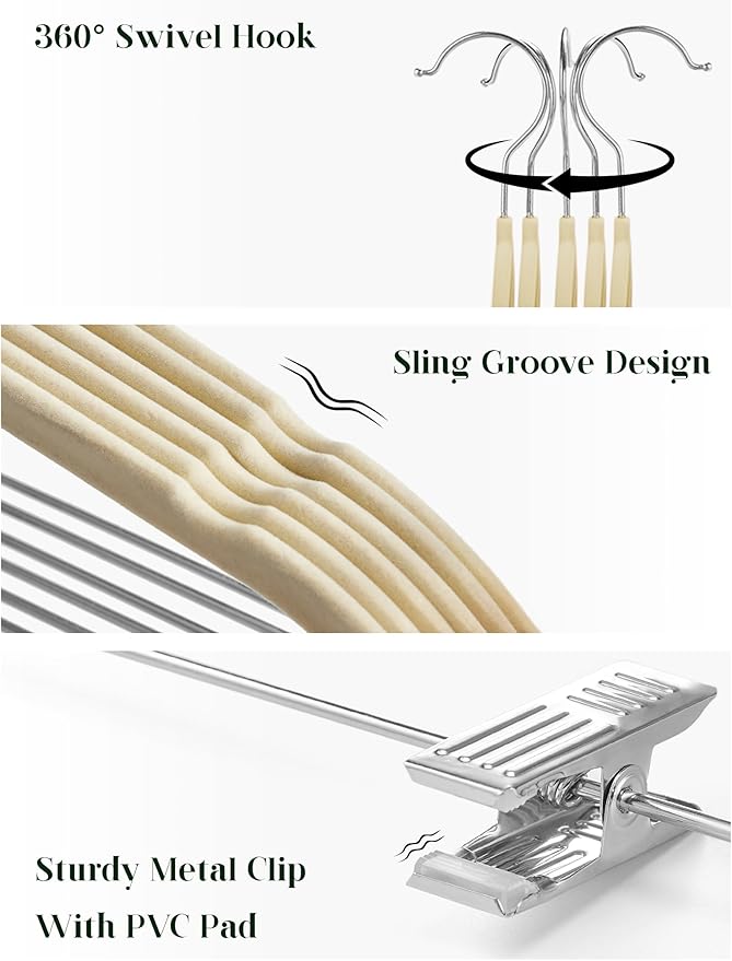Cozymood Velvet Skirt Hangers 36 Packs Ultra Thin Hangers with Clips | Non Slip Velvet Pant Hanger Space Saving Clothes Hanger With Clips for Pants, Skirts, Jeans, Shorts (Beige) - Image 3