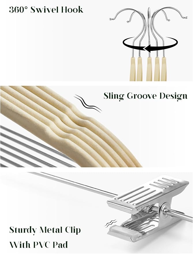 Cozymood Velvet Skirt Hangers - Pack of 24 - Velvet Hangers with Clips | Ultra Thin Non Slip Velvet Pants Hangers Space Saving Clothes Hanger for Trouser, Skirts, Jeans, Dress (Beige) - Image 3