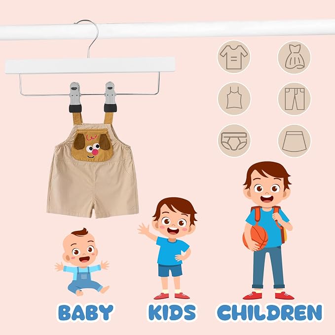 Kids Wooden Pants Hangers for Toddler & Baby Clothes, White, 24-Pack | Solid Wood Skirts Hangers with Adjustable Anti-Wrinkle Clips for Children's Trousers, Slacks, Jeans, 12" - Image 5