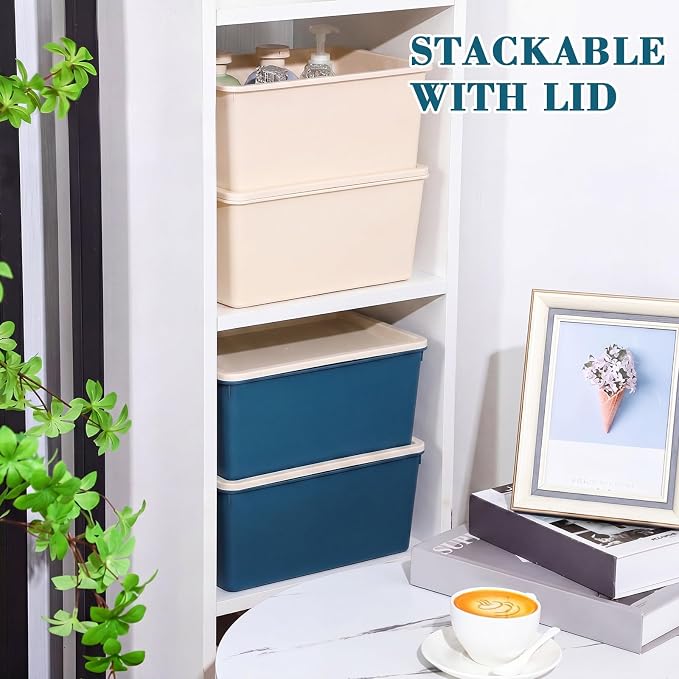 4 Pcs Storage Bins with Lids, Beige, Blue, Small | Plastic Stackable Organizing Containers, Heavy Duty Storage Boxes for Classroom Room Shelves, Christmas Ornaments Baskets - Image 5