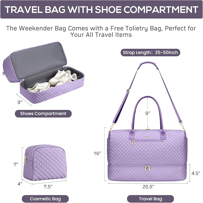 Travel Bag Weekender Bags for Women - Carry on Overnight Bag with Shoe Compartment Duffle Bag with Laptop Pocket Light Purple - Image 3