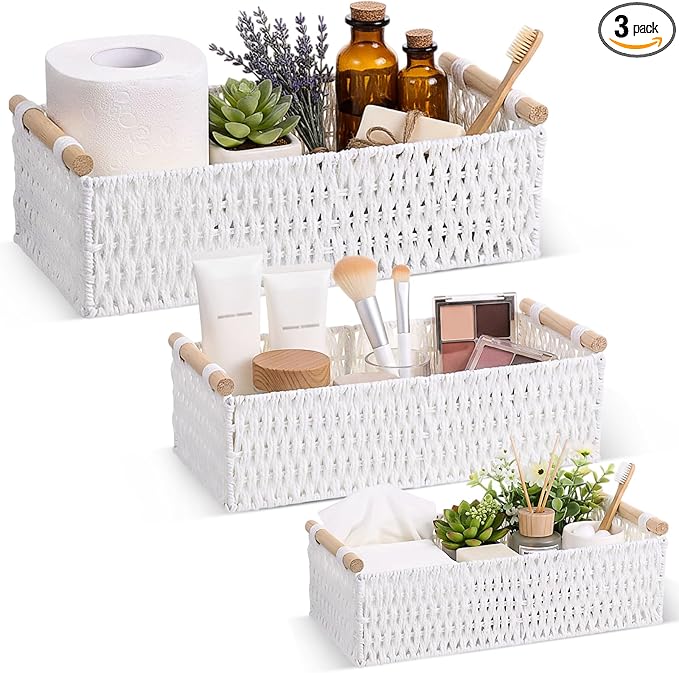Boao 3 Pcs Boho Storage Wicker Baskets Handmade Woven Decorative Paper Rope Baskets for Organizing with Handle Countertop Toilet Paper Storage Container for Toilet Tank Top(White,Rectangle) by Boao