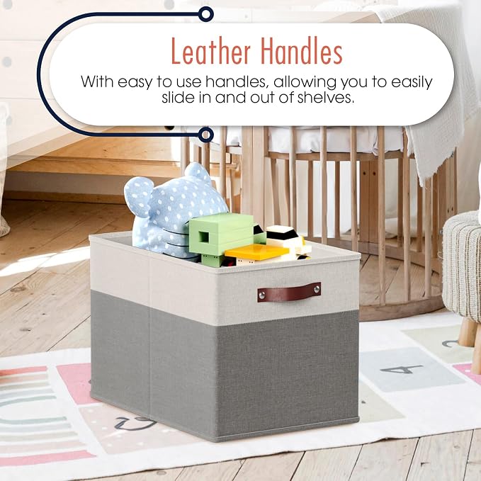 Ornavo Home 13x15x13 Foldable Fabric Storage Cube Bins, 6 Pack, White/Gray | Collapsible Linen Shelf Basket Organizer; Leather Handles; Fits Cube Storage Shelving Units - Image 5