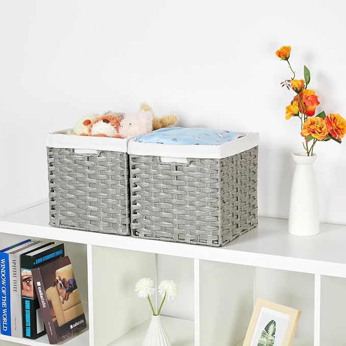 Bidtakay Wicker Cube Baskets with Liners Cube Storage Organizer for Shelves Closet 11 inch 2 Pack Decorative Hand-Woven Imitation Wicker Storage Bins for Organizing Pantry Bedroom Light Grey - Image 3
