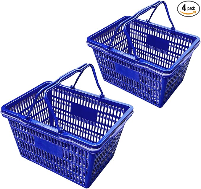Stackable Plastic Shopping Baskets, Red and Blue, Easy-Grip Handles for Grocery, Retail, Liquor Stores, Home Use (4-pack, Blue) by C-Store+Packaging