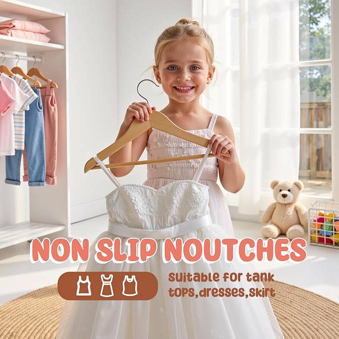 Kids Wooden Hangers 20 Pack, Solid Wood Baby Hangers,12.6" Kids Hangers with Pants Bar,Shoulder Notches,Swivel Hooks,for Toddler Kids Clothes(Natural) - Image 5