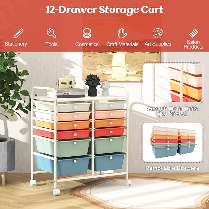 12 Drawer Rolling Storage Cart, Craft Cart Organizer on Wheels w/Metal Frame, Large Capacity & Smooth Drawer, Rolling Cart w/Drawers for Classroom, Office - Image 5