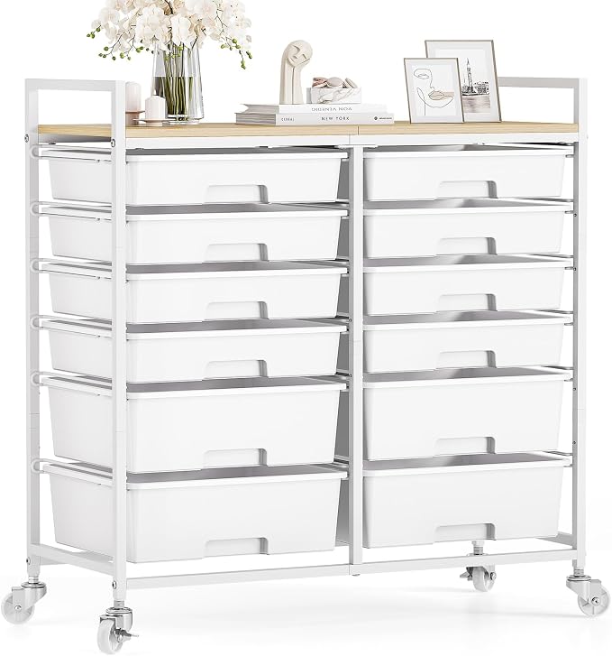TOOLF 12 Drawers Rolling Storage Cart with Wooden Top for Classroom,White | Teacher Cart Craft Art Supply Organizer, Utility Cart with Lockable Wheels for Home Household Essentials, Office Organization by TOOLF