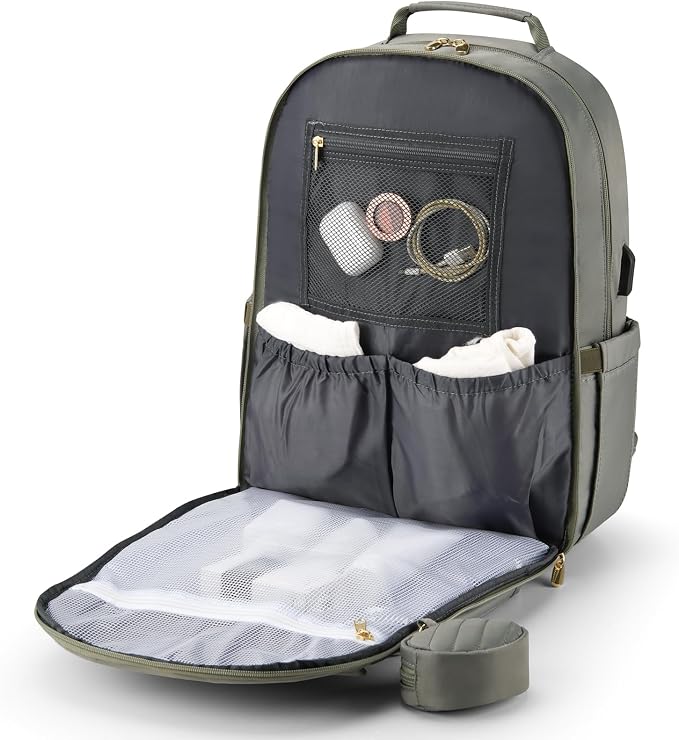 Diaper Bag Backpack, Quilted Baby Bag with Changing Pad & Stroller Straps & Pacifier Case, Multifunction Waterproof Travel Diaper Bags, Unisex, Olive Green - Image 6