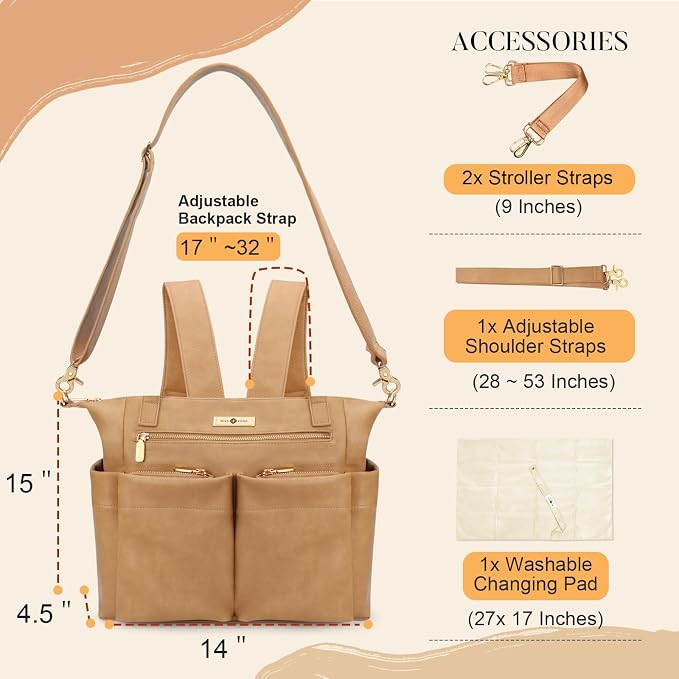 miss fong Diaper Bag Tote Baby Bag Leather Diaper Bag Backpack Large Diaper Tote Bag with 11 Pockets Changing Pad, Stroller Straps,4 Insulated Pockets - Image 4