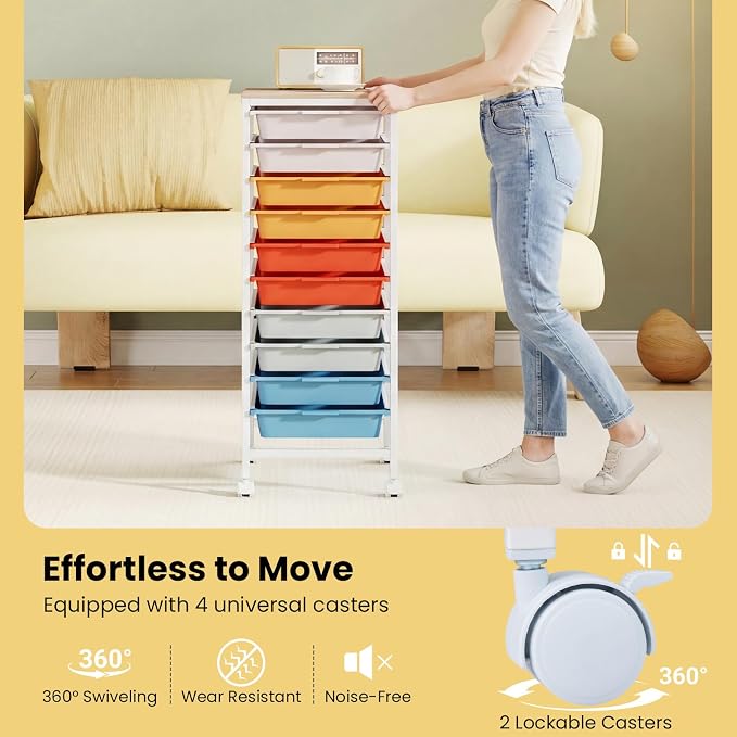 GOFLAME 10-Drawer Rolling Storage Cart, Craft Storage Cart with Wooden Tabletop and Lockable Wheels, Art Cart Supply Storage Organizer with Metal Frame for Home Office Classroom, Macaron Color - Image 6