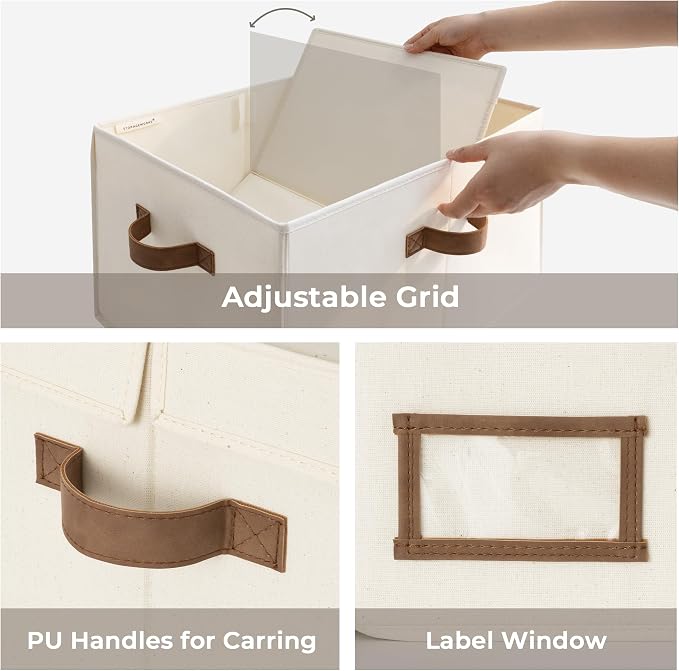 StorageWorks Large Clothes Storage Bins, Fabric Boxes with Divider Board, Baskets for Clothes, Linen Closet Organizers with Lid, Ivory White, 2-Pack - Image 3