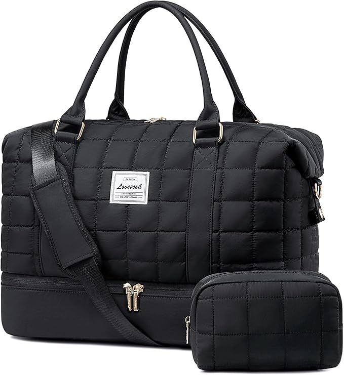 LOVEVOOK Large Duffle Bag for Travel, Puffer Weekend Bags for Women Travel Tote, Carry on Duffel Bag for Airplanes, 18 Inch Personal Item Bag Gym Bag Women, Black by LOVEVOOK