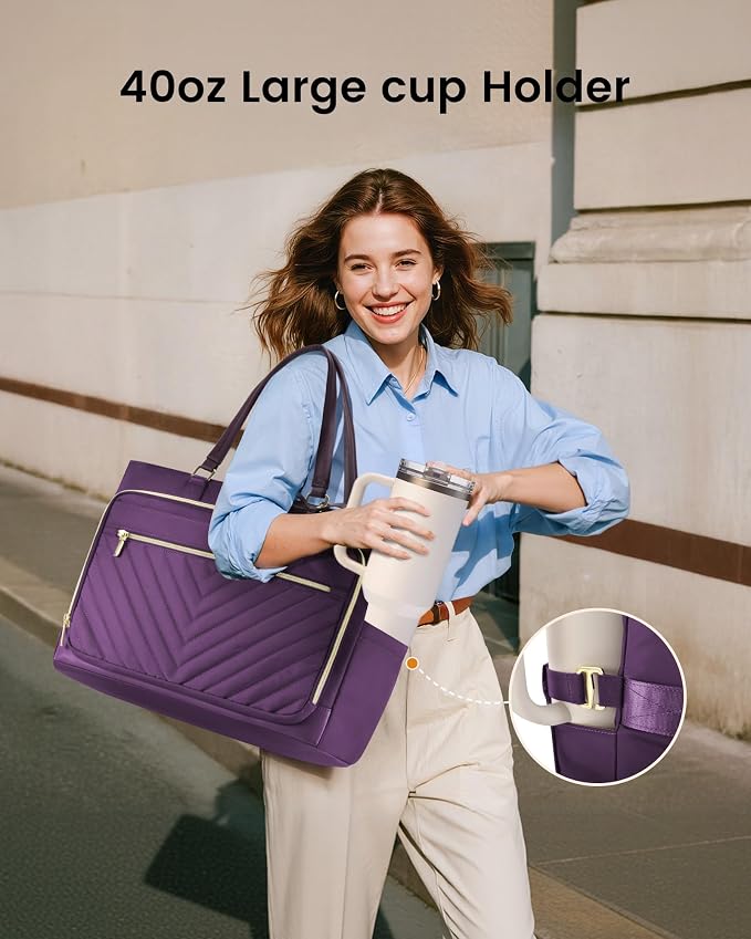 LOVEVOOK 17 Inch Laptop Tote Bag for Women, Work Bag for Teacher with Large Cup Holder,Quilted Nurse Diaper Bag for Travel, Computer Women's handbags for Teacher gift, Purple - Image 3