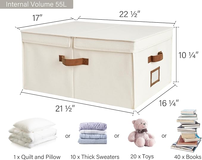 StorageWorks Extra Large Storage Bins with Double-Open Lid, 55L Fabric Baskets with Divider Board, Boxes for Clothes, Linen Closet Organizers with Handles, Ivory White, 2-Pack - Image 2