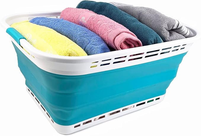 SAMMART 42L (11 Gallons) Collapsible Plastic Laundry Basket - Foldable Pop Up Storage Container/Organizer - Portable Washing Tub - Space Saving Hamper/Basket (White/Ceramic Blue) - Image 5