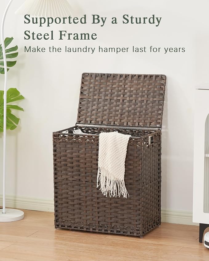 SETVSON Laundry Hamper with Lid Wicker Laundry Basket 112L PE, Brown | Large Family Clothes Sorter Trunk with Lid, 3 Compartment Washable Liners, 6 Mesh Bags, Collapsible Steel Frame - Image 8
