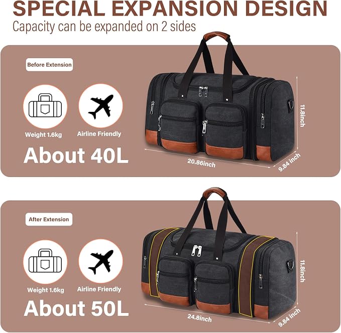 Canvas Duffle Bag For Travel, 50L Expandable Carry on Overnight Travel Duffel Bags with Laptop Compartments Weekend Gym Bag for Men(Black) - Image 5
