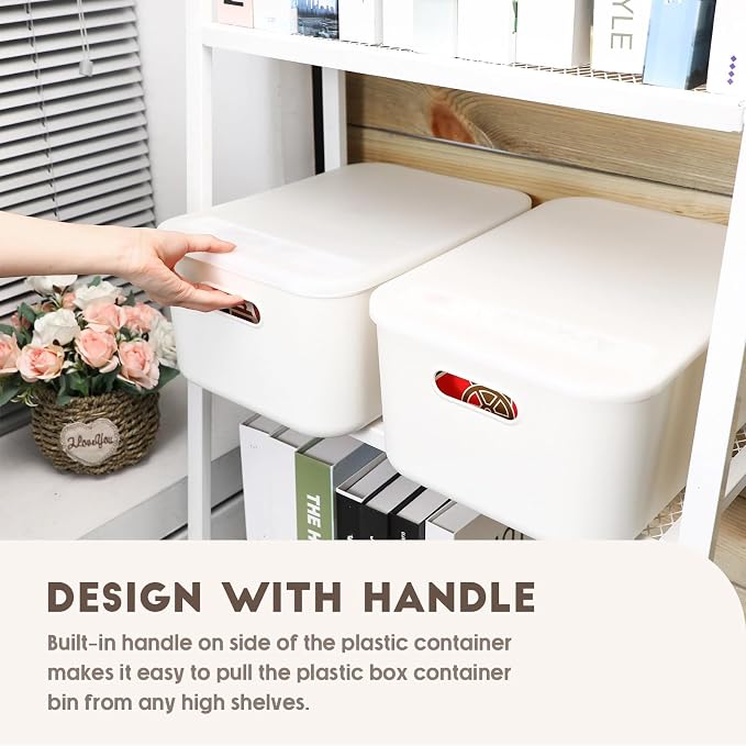 8 Pieces White Plastic Storage Bins with Lids, Stackable Storage baskets with Handle Containers Box for Shelves Drawers Desktop Playroom Classroom Office Organization(14 x 10.5 x 6.5 Inches) - Image 5