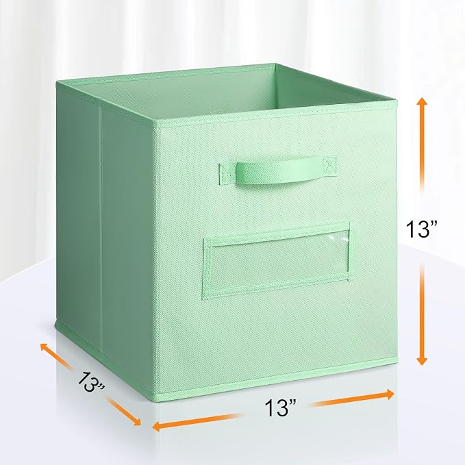 13x13x13 storage cube bins(Set of 8) Fabric storage cubes with 8 Labels Window Cards & a Pen, storage cubes 13x13, Collapsible 13 inch cube storage bins, Cubby Organizer Boxes, Grass Green - Image 3