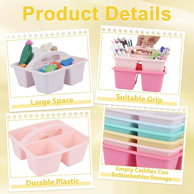6 Pack Assorted Colors Classrooms Caddy 4 Compartment Classroom Caddy Compartment Caddies Set Table Caddies Classrooms with Handle for Classroom Organization Table Desk Office Supplies(Pink Purple) - Image 3