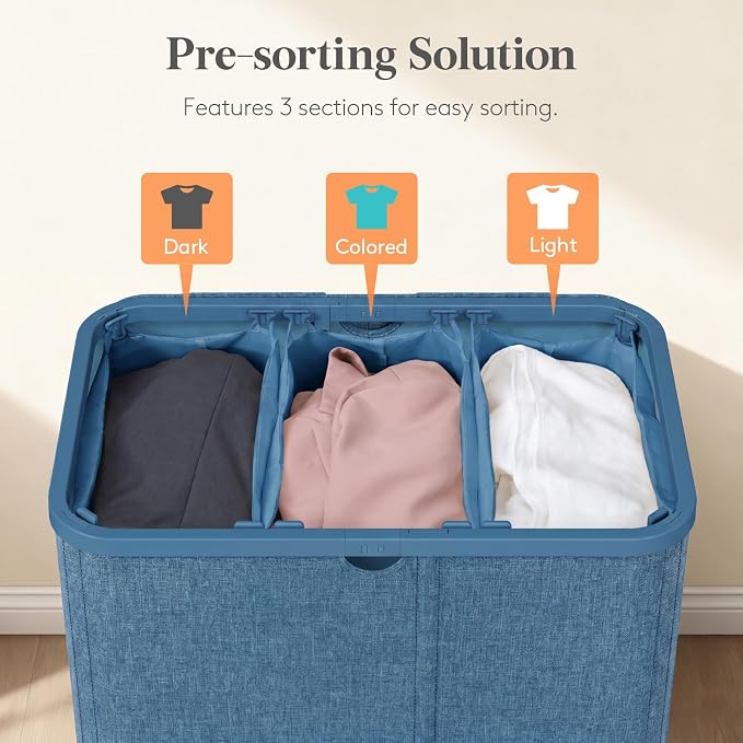 Lifewit 185L 3 Section Laundry Hamper with Lid, Laundry Basket, Dark Blue | Large Foldable Laundry Sorter with 3 Removable Bags, Tall Clothes Hamper for Bedroom and Bathroom - Image 3