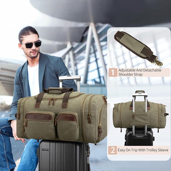 Mens Duffle Bag for Travel 60L Expandable Canvas Weekender Overnight Travel Duffel Bag with Shoe Compartment Carry-On for Airplanes Army Green - Image 5