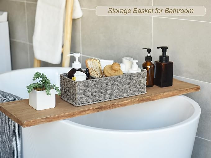StorageWorks Toilet Paper Basket, Paper Rope Woven Toilet Tank Basket, Gray | Wicker Basket, Toilet Paper Storage for Back of Toilet Tank, Woven Baskets for Shelves, Wicker Baskets with 3 Compartments - Image 4