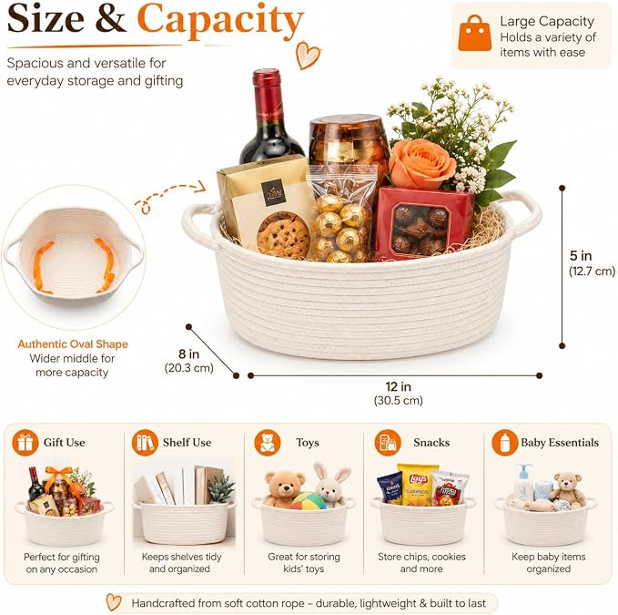 9Pcs Baskets for Gifts Empty with Gift Bags and Ribbons, Small Cute Woven Cotton Rope Basket, for Easter Mother's Day, Baby Nursery Room Shelf Storage Toy Pet Organizer to Fill, White, 12 x 8 x 5 inch - Image 2