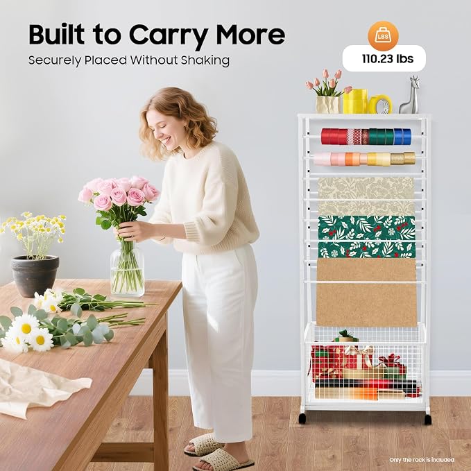 Ribbon Holder Organizer Rack, Double-Sided 16-Layer Ribbon Shelf with Wheel | Ribbon Display Rack, Multifunctional Metal Flower Wrapping Paper Storage Stand for Craft Room Flower Shop, White - Image 5