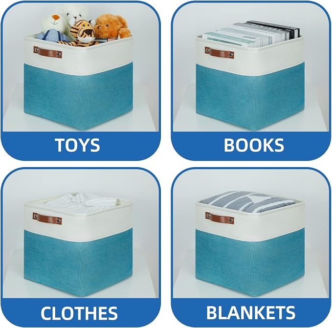 Temary Baskets Storage 12 Inch Fabric Storage Cubes Storage Baskets with Handle, Large Cube Storage Bins for Storage Books, Blankets, Clothes Baskets for Gift (White&Teal) - Image 4