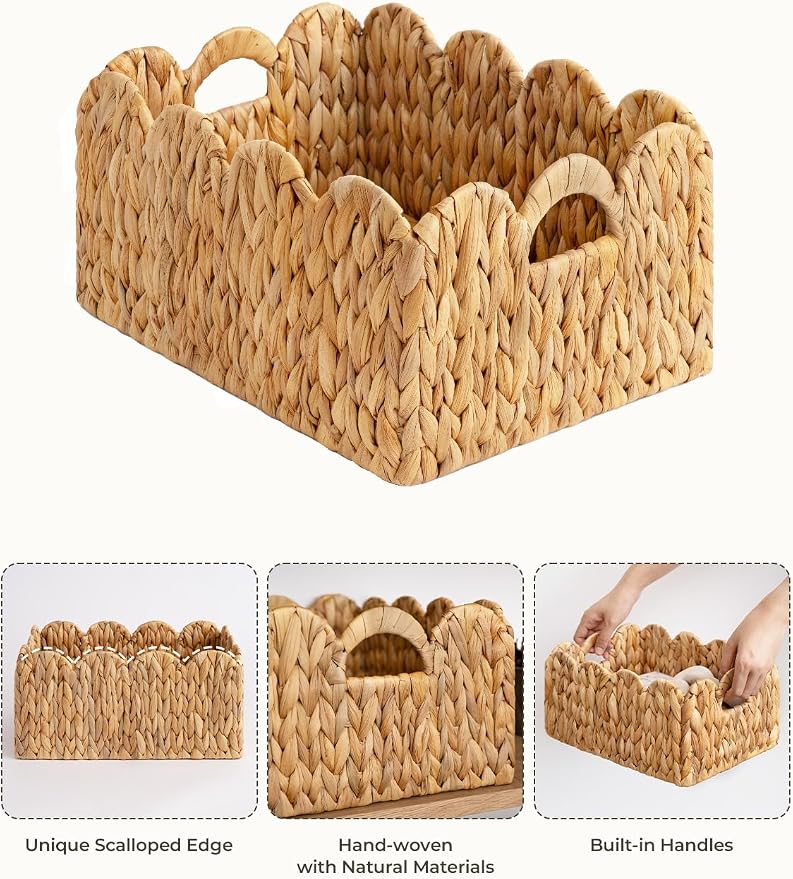 StorageWorks Scalloped Edge Wicker Basket, Hand-woven Rattan Baskets with Built-in Handles, Water Hyacinth Basket for Organizing and Decor, 2 Pack | Woven Baskets for Storage, Wicker Storage Baskets for Shelves, Large Wicker Basket, Shelf Basket with H... - Image 4