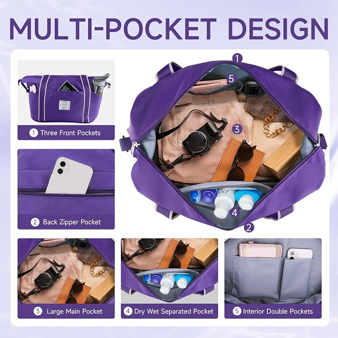 WALNEW Travel Duffel Bag, Weekender Bag for Women, Purple | Overnight Carry On Bag, Foldable Waterproof Gym Luggage with Metal Buckle Detachable Shoulder Strap and Wet Compartment - Image 5