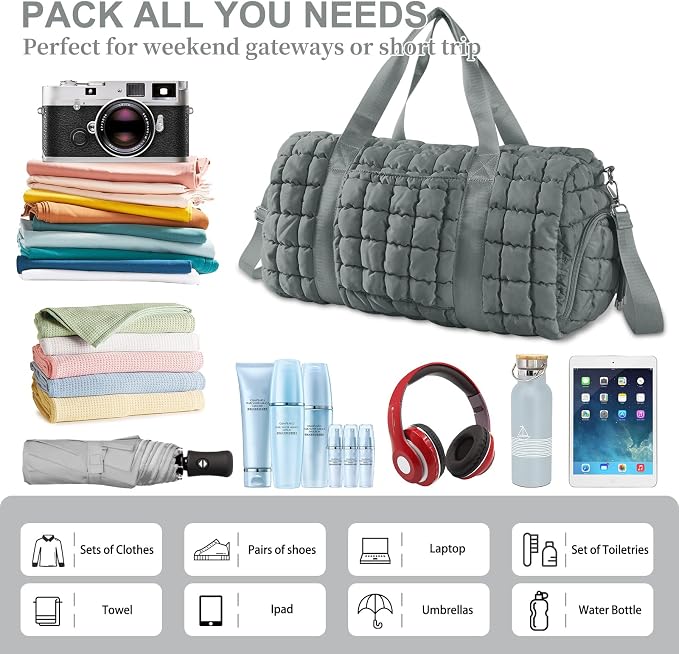 Quilted Travel Duffle Bag Gym Bag for Women,Large Puffer Duffle Weekender Bag with Compartment,Workout Overnight Carry on Organizer Bag Duffle Bag for Airplane Travel(Grey) - Image 5